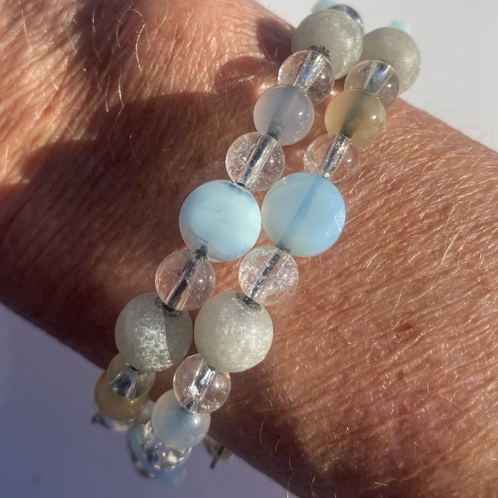 Blue tears/aquamarine Moonstone White Crystal Wrap Stretchable Bracelet - Picture 4 of 5